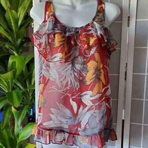 Floral Ruffle Sleeveless Top - Red and Gray